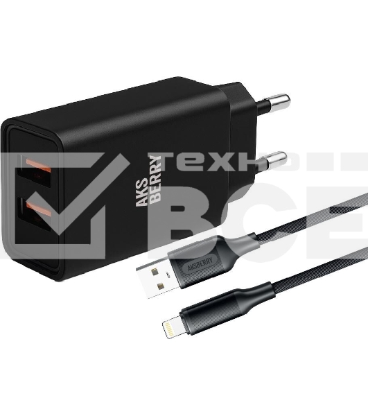 Сетевое зарядное устройство AKSBERRY (6900209210016) T38 2 USB 2.4A + кабель Lightning, черный