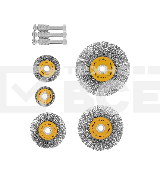 Набор щеток для дрели Denzel 5 Плоских 25-38-50-63-75 мм, шпилька, нерж. вит. проволока