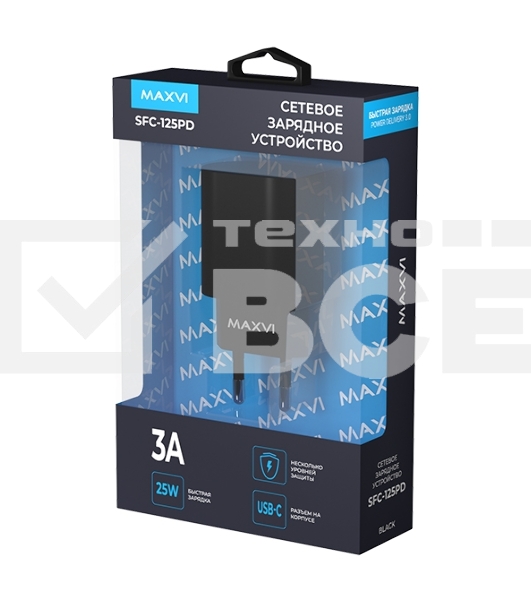 Сетевое зарядное устройство Maxvi SFC-125PD Type-C 3А 25W PD QC3.0 черный