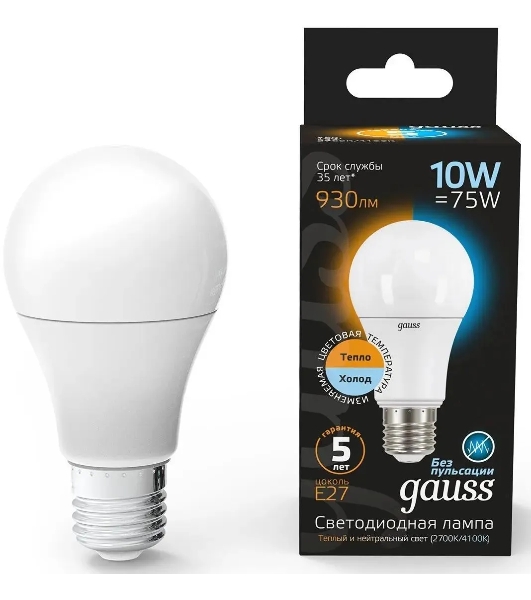 Лампа светодиодная LED Gauss A60 E27 10Вт 2700К/4100К CTC