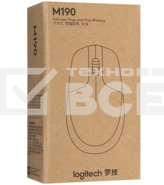 Мышь беспроводная Logitech M190 черный, 1000 dpi, радиоканал, USB, кнопки - 3