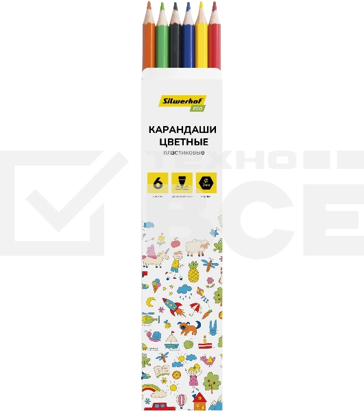 Карандаши цветные Silwerhof Eco 2.6 мм, шестигранный профиль, пластик, ассорти, 6 цветов, коробка с европодвесом