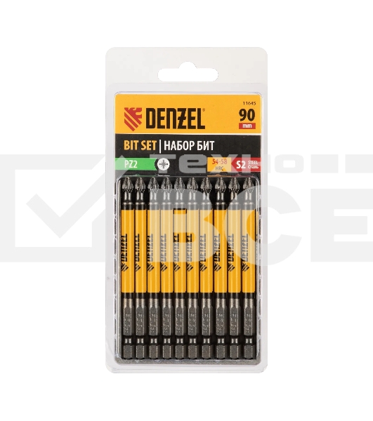 Набор бит Denzel PZ2х90, сталь S2, круглый профиль, 10 шт.