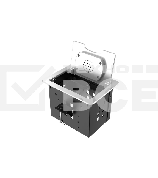 Прямоугольный металлический корпус Wize Pro [WRTS-06BOXQI-S] для модульной системы врезного лючка в стол с откидывающейся крышкой,до 6 модулей-вставок, беспроводная зарядка 10Вт для моб. устройств на крышке, преустановленная рамка,серебр