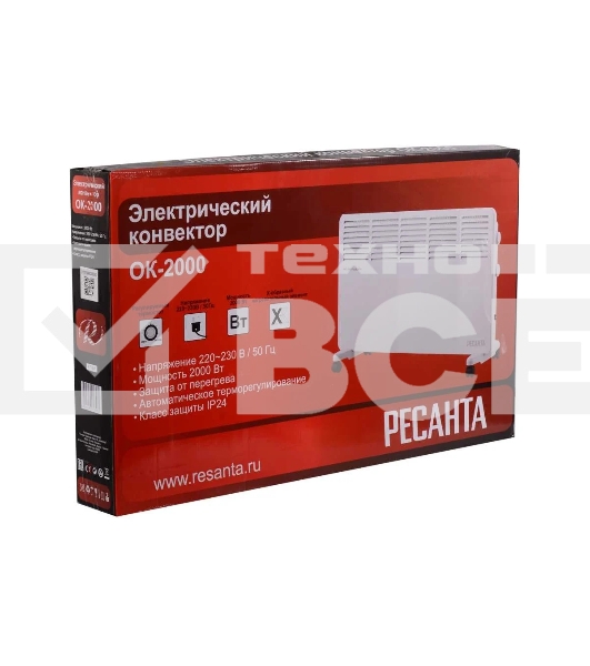 Конвектор Ресанта ОК-2000 белый, 2000 Вт, 25 м2, термостат