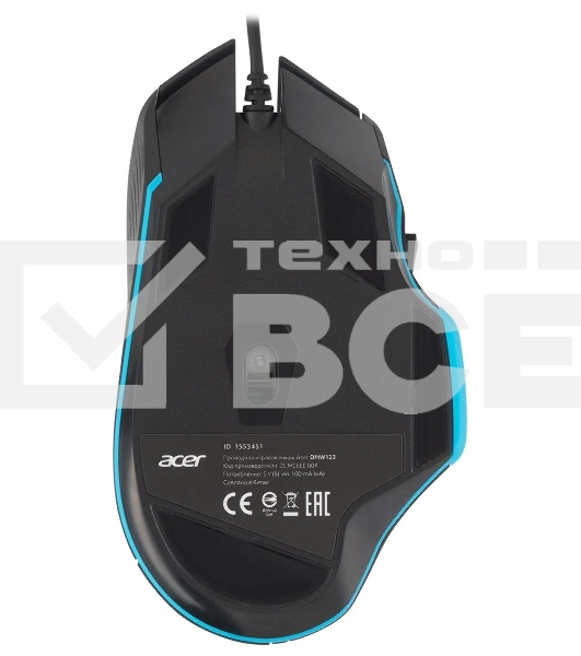Мышь проводная Acer OMW123 черный, 6400 dpi, USB, кнопки - 8