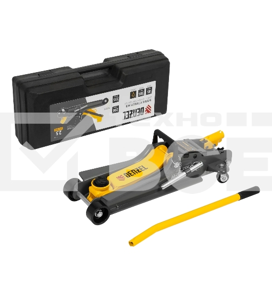 Домкрат гидравлический подкатной с фиксатором Denzel 2,5 т,85-385 мм, в пласт. кейсе