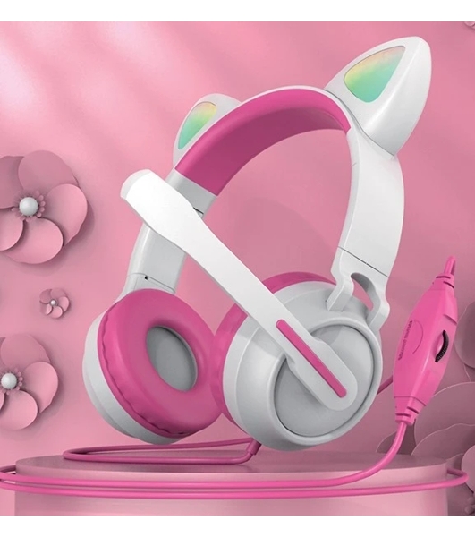 Гарнитура QUMO Game Cat белый/розовый, проводная, USB, подсветка