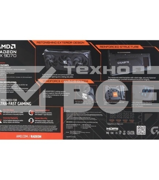 Видеокарта Gigabyte AMD Radeon RX 9070 GAMING OC, PCIe 5.0 16GB GDDR6, 256 bit, 3 x DisplayPort, HDM, GPU 2070 MHz (GV-R9070GAMING OC-16GD)