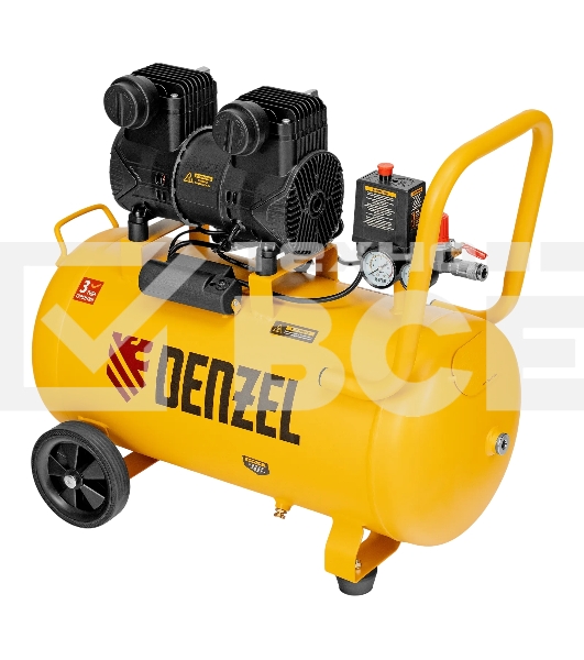 Компрессор безмасляный малошумный Denzel DLP-1500/50, 1,5 кВт, 50 л, 2850 об/мин, 250 л/мин