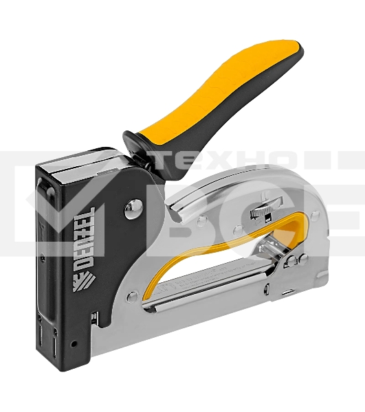 Степлер Denzel металл., скобы в комплекте, плавная регулировка удара, 2К рукоятка, тип 53, 4-14 мм