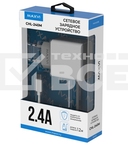 Сетевое зарядное устройство Maxvi CHL-240M 2.4A, with microUSB cable, белый
