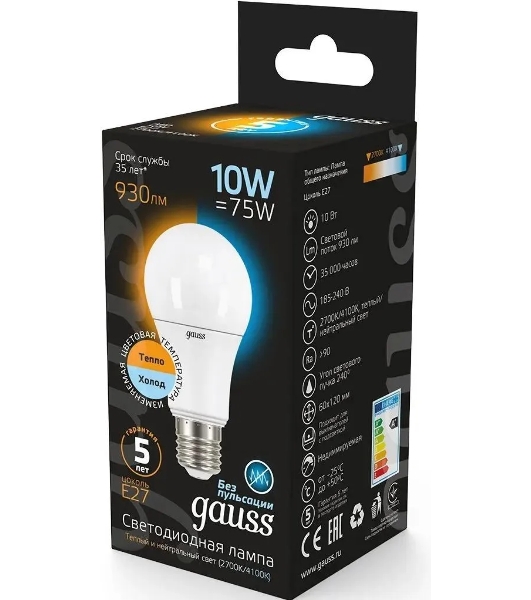 Лампа светодиодная LED Gauss A60 E27 10Вт 2700К/4100К CTC