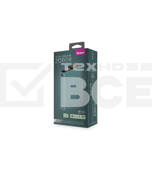 Портативный аккумулятор OLMIO QS-20, 20000mAh, 22.5W QuickCharge3.0/PowerDelivery, LCD, темно-зеленый