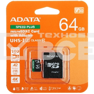 Флеш карта microSD A-DATA 64Gb microSDXC Class 10 UHS-I U3 V30 A2 160/140 MB/s (SD адаптер)