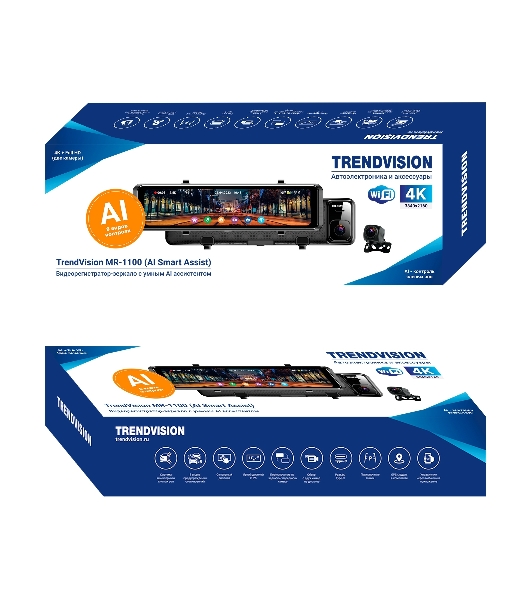 Видеорегистратор TrendVision MR-1100, 3840x2160, 11', с камерой заднего вида, GPS/ГЛОНАСС, Wi-Fi, G-сенсор