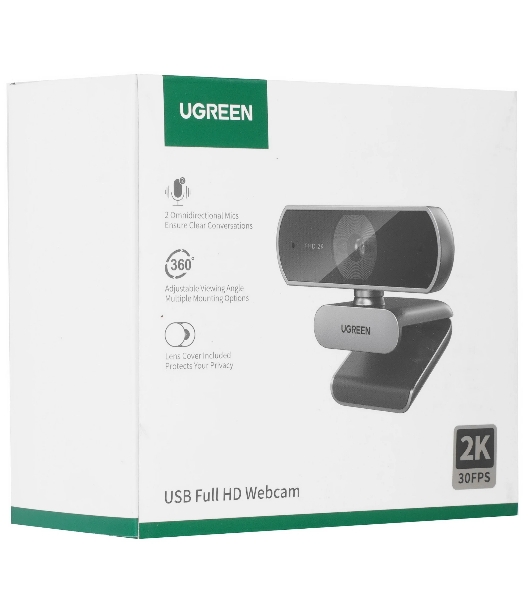 Веб-камера UGREEN CM717 2560x1440, 30 кадр/с, USB, микрофон (2 шт, шумоподавление), автофокус, универсальное крепление, серый