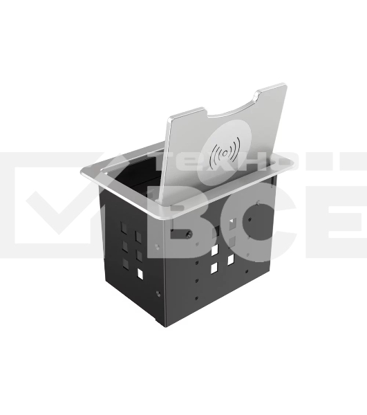 Прямоугольный металлический корпус Wize Pro [WRTS-06BOXQI-S] для модульной системы врезного лючка в стол с откидывающейся крышкой,до 6 модулей-вставок, беспроводная зарядка 10Вт для моб. устройств на крышке, преустановленная рамка,серебр