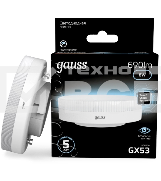 Лампа светодиодная Gauss 8Вт цок.:GX53 таблетка 220B св.свеч.бел.нейт. Tablet (упак.:10шт) (108008208)
