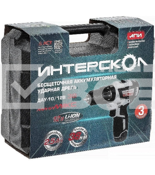 Дрель-шуруповерт аккумуляторная бесщеточная ИНТЕРСКОЛ ДАУ-10/12В 38 МиниМАКС 767.2.2.45 Li-ion, кейс, 2 аккум., 2,5 А·ч, ЗУ