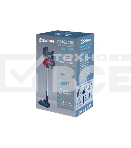 Пылесос вертикальный Sakura SA-8322R серый/красный, питание от сети, 180 Вт, уборка сухая, пылесборник 1 л
