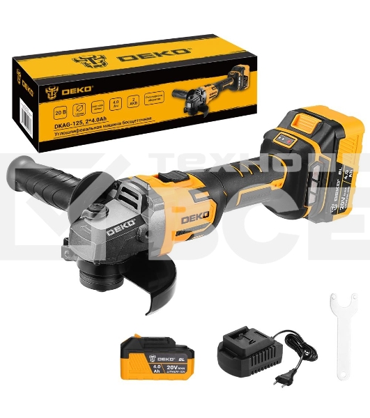 Угловая шлифовальная машина бесщеточная DEKO DKAG-125, 20В, 2*4.0Ач