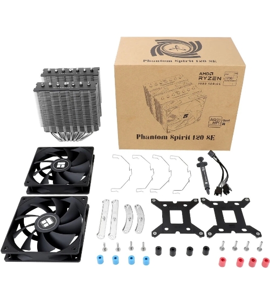Кулер для процессора Thermalright Phantom Spirit 120 SE черный (4-pin PWM, 154mm, Ni/Cu, 7x6mm, 2x120мм, 66.17CFM, 25.6dBA, 1500RPM, S: 1200, 1700, 1851, 115X, AM4, AM5, silver, black)