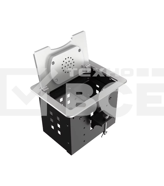 Прямоугольный металлический корпус Wize Pro [WRTS-06BOXQI-S] для модульной системы врезного лючка в стол с откидывающейся крышкой,до 6 модулей-вставок, беспроводная зарядка 10Вт для моб. устройств на крышке, преустановленная рамка,серебр