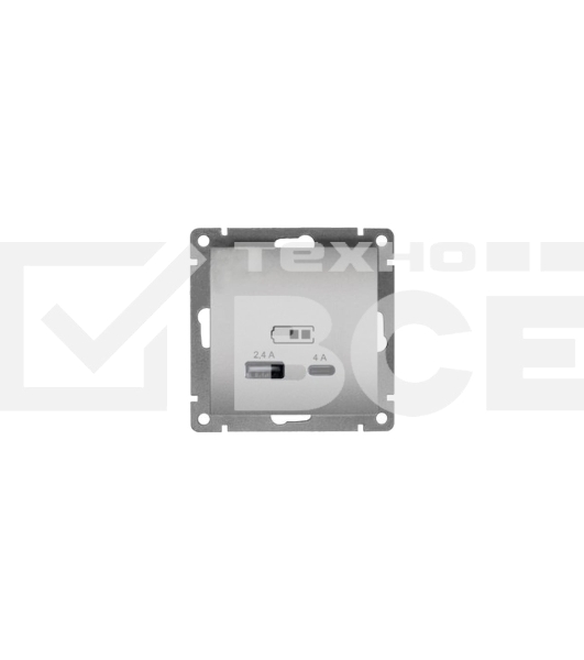 Розетка 2-м USB Universal СП Афина тип А+С 5В 1х2.4А 2х4А механизм серебро А0059-S