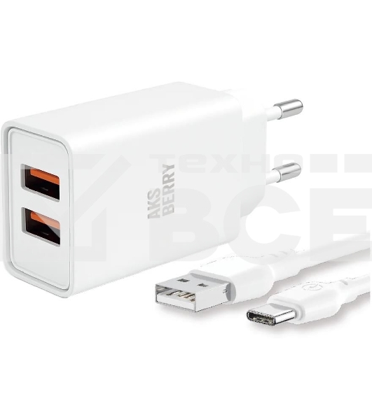 Зарядное устройство Aksberry T38 2 USB 2.4A + Type-C белый