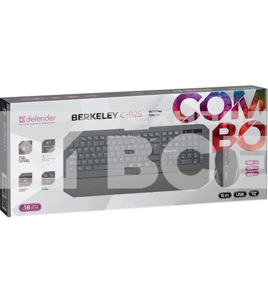 Комплект клавиатура+мышь Defender Berkeley C-925 беспроводной, USB, 1600 DPI, чёрный