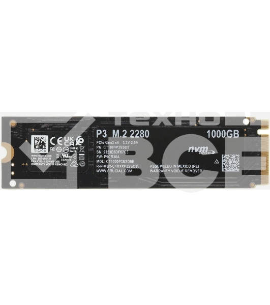 Накопитель SSD Crucial P3, 1Tb, M.2 2280, PCIe 3.0 x4, NVMe, R/W 3500/3000