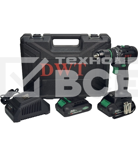 Дрель-шуруповерт аккумуляторная DWT ABSP-20 DNF-2 BMC /20В/до 2000 об.в мин/60 Нм/1-13 мм/бещеточный мотор/реверс/LED-подсветка/2 АКБ, 2 Ач/ЗУ/кейс/черный (ABSP-20 DNF-2 BMC)