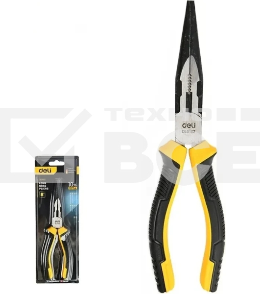 Удлиненные плоскогубцы Deli DL0102 200 мм, двухкомпонентная прорезиненная рукоять