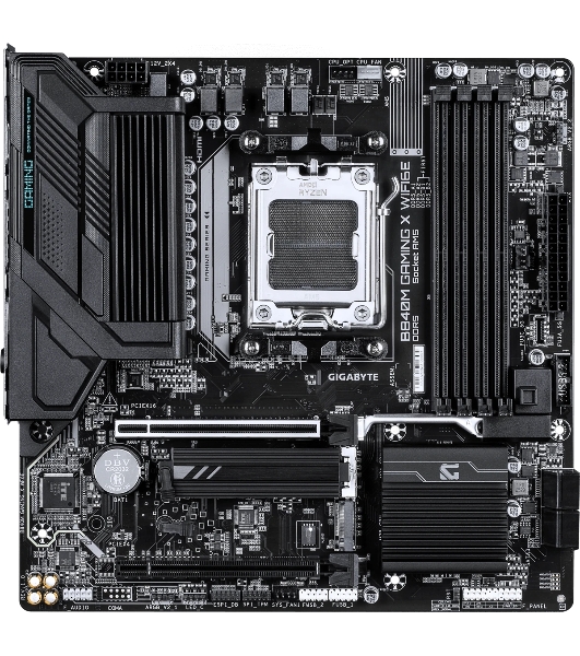 Материнская плата Gigabyte B840M GAMING X WIFI6E, AM5, AMD B840, 4xDDR5, 4xSATA, 2xM.2, 1xPCIe 4.0 x16, 1xPCIe 3.0 x16, 1xHDMI, 2xDP, 1x2.5Gb LAN, Wi-Fi 6E, Bluetooth 5.3, 1xUSB-C 5Gbps, 2xUSB-A 5Gbps, 4xUSB-A 2.0, 1xPS/2, 3x3.5 мм, 7.1, mATX