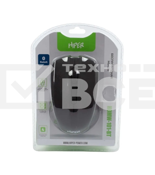Мышь беспроводная HIPER HOMW-101-BT черный, 1600 dpi, радиоканал, USB, кнопки - 4