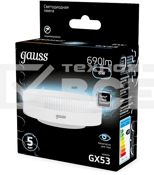 Лампа светодиодная Gauss 8Вт цок.:GX53 таблетка 220B св.свеч.бел.нейт. Tablet (упак.:10шт) (108008208)