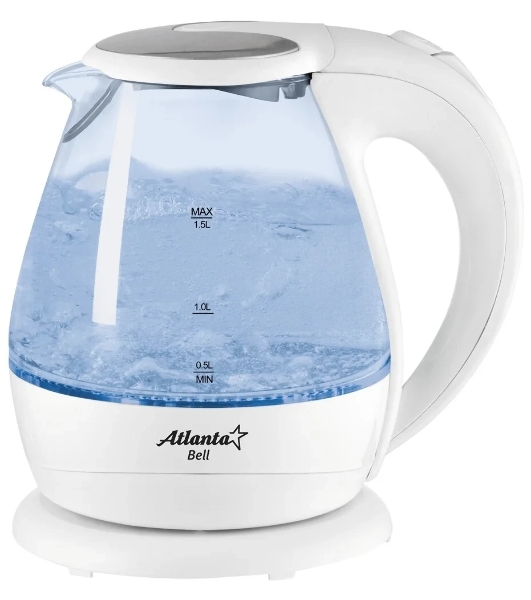 Электрочайник ATLANTA ATH-2460 белый, 1.5 л, 2200 Вт, скрытый нагревательный элемент