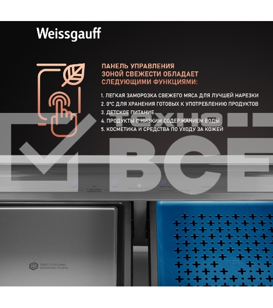 Холодильник Weissgauff WCD 590 NoFrost Inverter Premium Biofresh Blue Glass синий трёхкамерный 359/180 л морозилка снизу