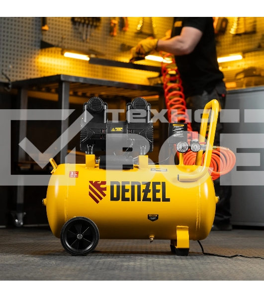 Компрессор безмасляный малошумный Denzel DLP-1500/50, 1,5 кВт, 50 л, 2850 об/мин, 250 л/мин