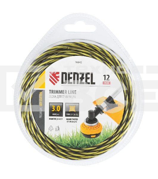 Леска для триммера Denzel двухкомпонентная витая квадратная, 3,0мм х 12м, блистер SkyCutter