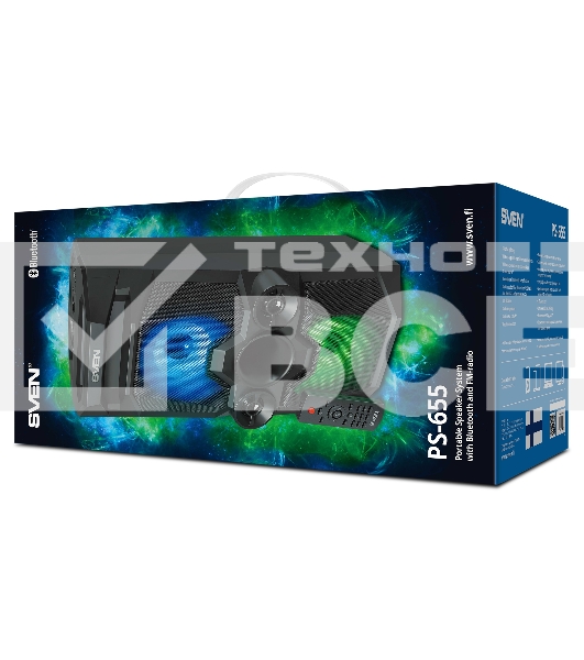 Мобильные колонки SVEN PS-655 2.0 черные (2x25W, mini Jack, USB Type-C, USB flash, Bluetooth, FM, micro SD, ПДУ, LED экран, 4400 мA, RGB подсветка)