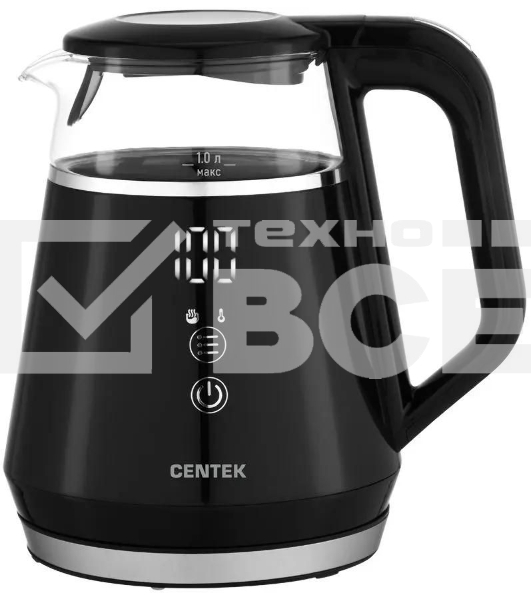 Чайник Centek CT-0019, 1100Вт стекло, черный и серебристый