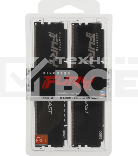 Оперативная память Kingston Fury Beast, DDR5, 32Gb (2x16Gb), 6000MHz, CL36, DIMM, с радиатором, черный