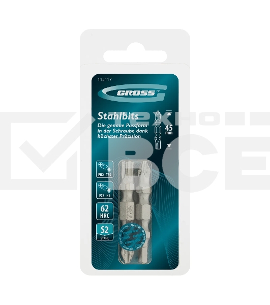 Набор бит двухстор. Gross PH2-T30х45мм, PZ2-H4х45мм, сталь S2, 2 шт.