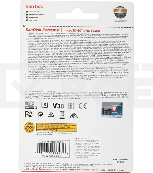 Флеш карта/SanDisk/Extreme SDSQXAF-032G-GN6MN/microSDHC/32 ГБ/A1, U3, V30/100 МБ/с