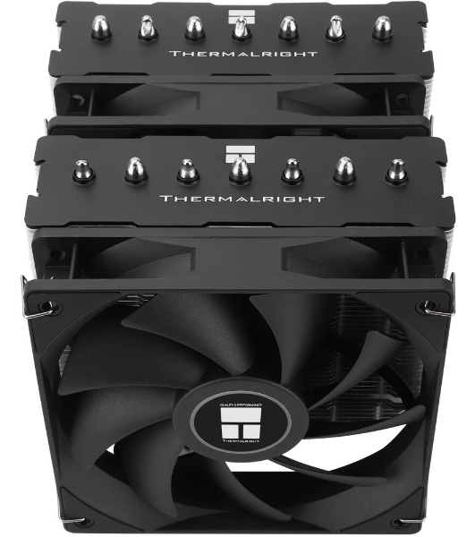 Кулер для процессора Thermalright Phantom Spirit 120 SE черный (4-pin PWM, 154mm, Ni/Cu, 7x6mm, 2x120мм, 66.17CFM, 25.6dBA, 1500RPM, S: 1200, 1700, 1851, 115X, AM4, AM5, silver, black)
