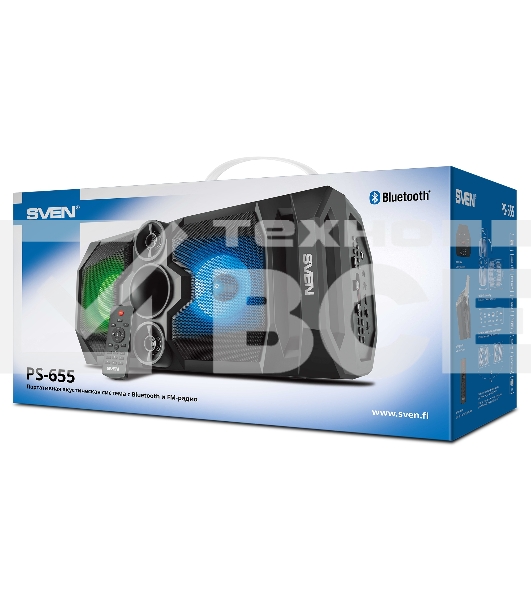 Мобильные колонки SVEN PS-655 2.0 черные (2x25W, mini Jack, USB Type-C, USB flash, Bluetooth, FM, micro SD, ПДУ, LED экран, 4400 мA, RGB подсветка)