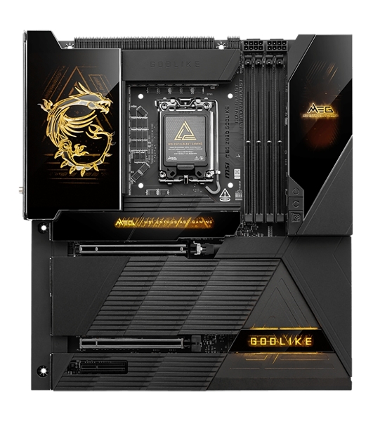 Материнская плата MSI MEG Z890 GODLIKE, LGA1851, Intel Z890, 4xDDR5, 4xSATA, 8xM.2, 2xPCIe 5.0 x16, 1xPCIe 4.0 x4, 2xThunderbolt 4 (40Gbps), 1x10G LAN, 1x5Gb LAN, Wi-Fi 7, Bluetooth 5.4, 5xUSB-C 10Gbps, 1xUSB-C 20Gbps, 8xUSB-A 10Gbps, 4xUSB-A 5Gbps, 4xUSB-A 2.0, 1xS/PDIF, 2x3.5 мм, 7.1, E-ATX