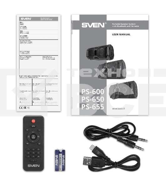 Мобильные колонки SVEN PS-655 2.0 черные (2x25W, mini Jack, USB Type-C, USB flash, Bluetooth, FM, micro SD, ПДУ, LED экран, 4400 мA, RGB подсветка)